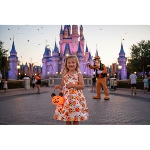 Unbranded Pumpkin Print Dress Girls White Halloween Bow Party Size XL